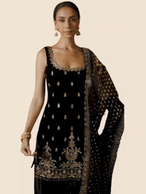 Velvet Party Wear | Dhoti Salwar & Dupatta | Black