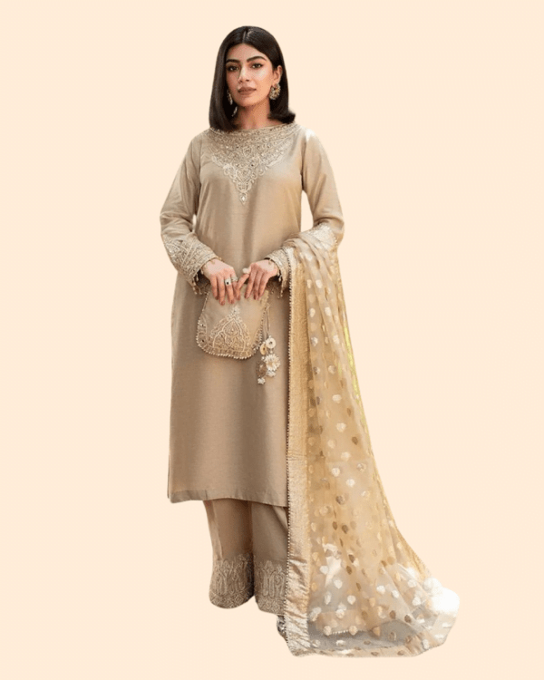 Beige Georgette Zari Embroidered Kurta Set