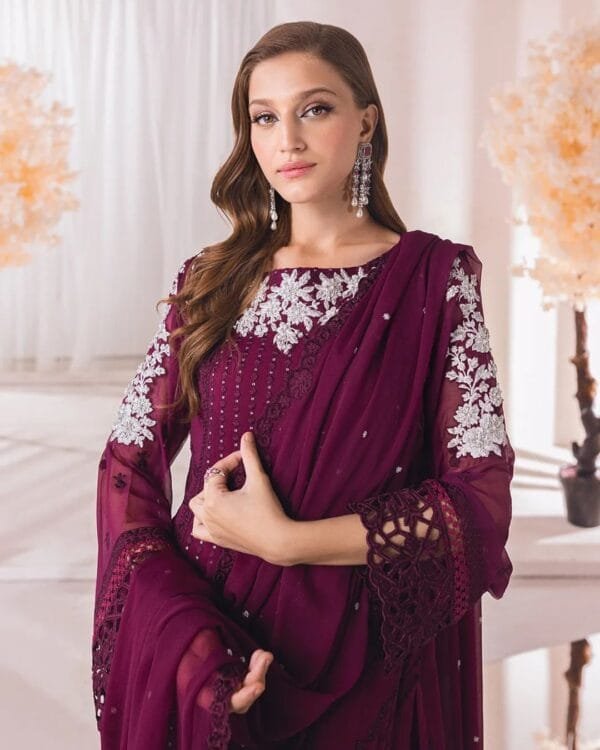 Georgette Embroidery Kurta Set with Glamorous Dupatta & Sequin Work | Maroon - Image 2