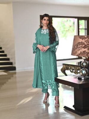 Georgette Embroidery Kurta Set with Glamorous Dupatta & Sequin Work | Teal Green