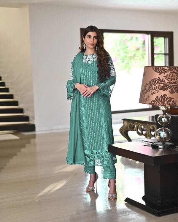 Georgette Embroidery Kurta Set with Glamorous Dupatta & Sequin Work | Teal Green
