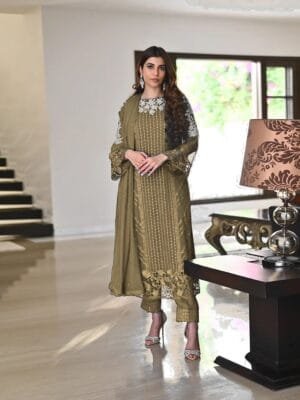 Georgette Embroidery Kurta Set with Glamorous Dupatta & Sequin Work | Olive