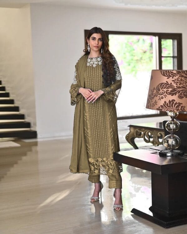 Georgette Embroidery Kurta Set with Glamorous Dupatta & Sequin Work | Olive