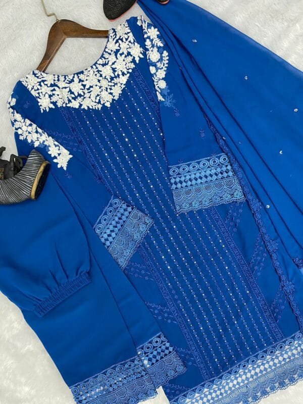 Georgette Embroidery Kurta Set with Glamorous Dupatta & Sequin Work | Blue - Image 2