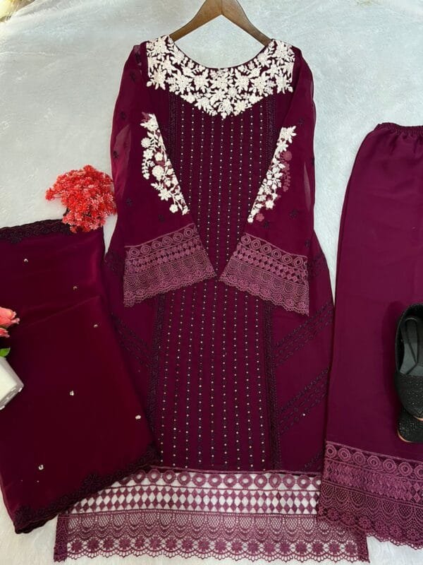 Georgette Embroidery Kurta Set with Glamorous Dupatta & Sequin Work | Maroon - Image 3