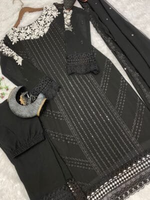 Georgette Embroidery Kurta Set with Glamorous Dupatta & Sequin Work | Black