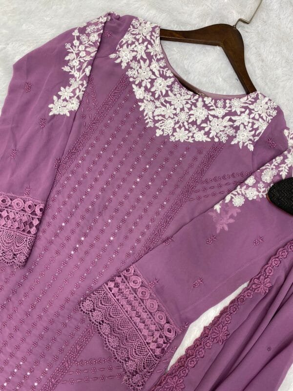 Georgette Embroidery Kurta Set with Glamorous Dupatta & Sequin Work | Purple - Image 3