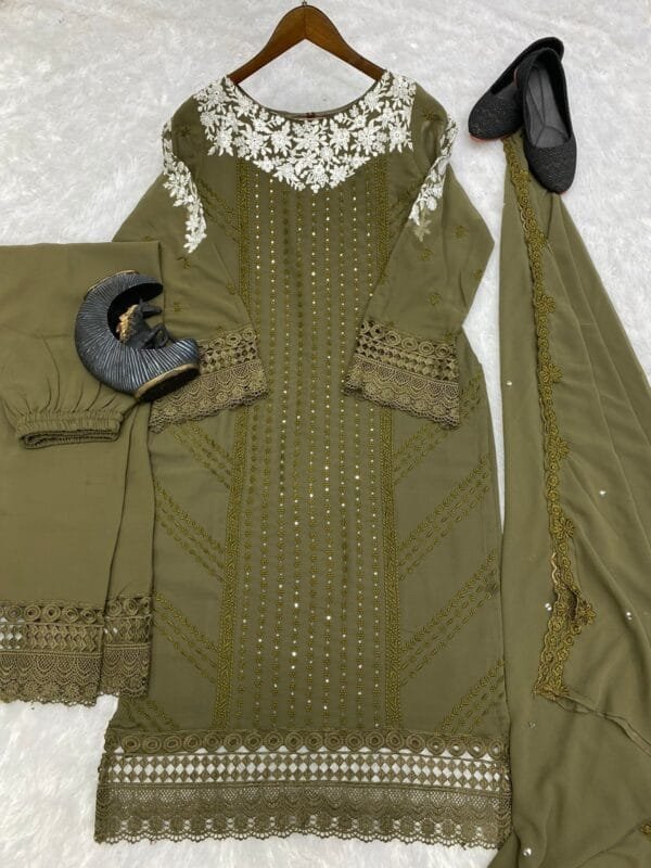Georgette Embroidery Kurta Set with Glamorous Dupatta & Sequin Work | Olive - Image 3