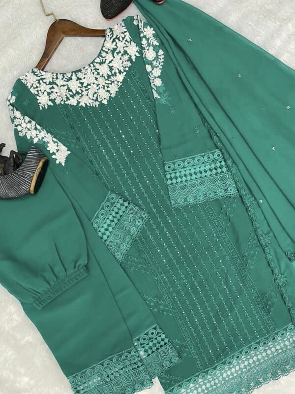 Georgette Embroidery Kurta Set with Glamorous Dupatta & Sequin Work | Teal Green - Image 2