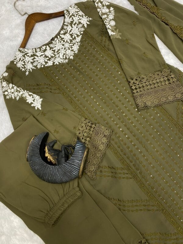 Georgette Embroidery Kurta Set with Glamorous Dupatta & Sequin Work | Olive - Image 4