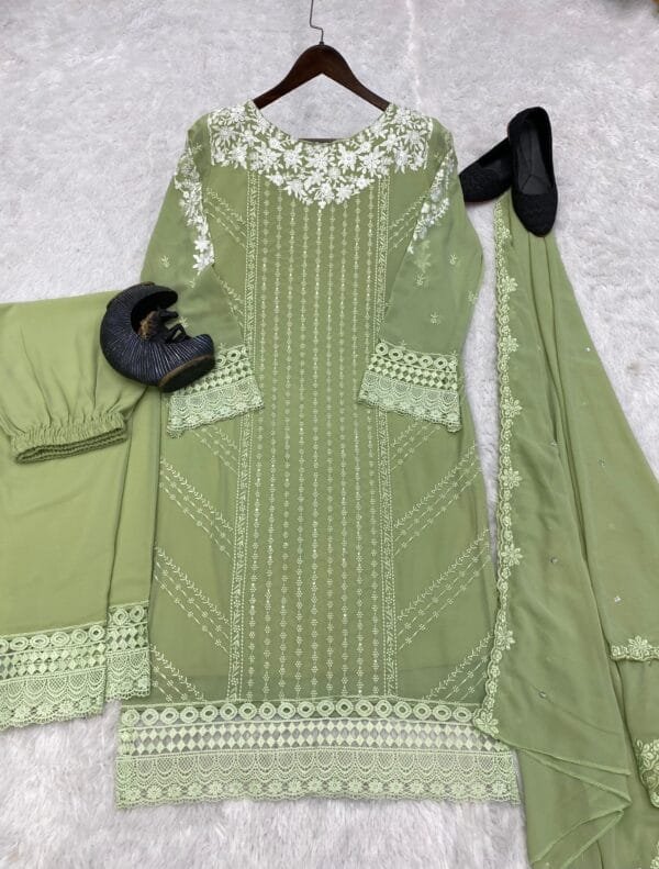 Georgette Embroidery Kurta Set with Glamorous Dupatta & Sequin Work | Green - Image 2