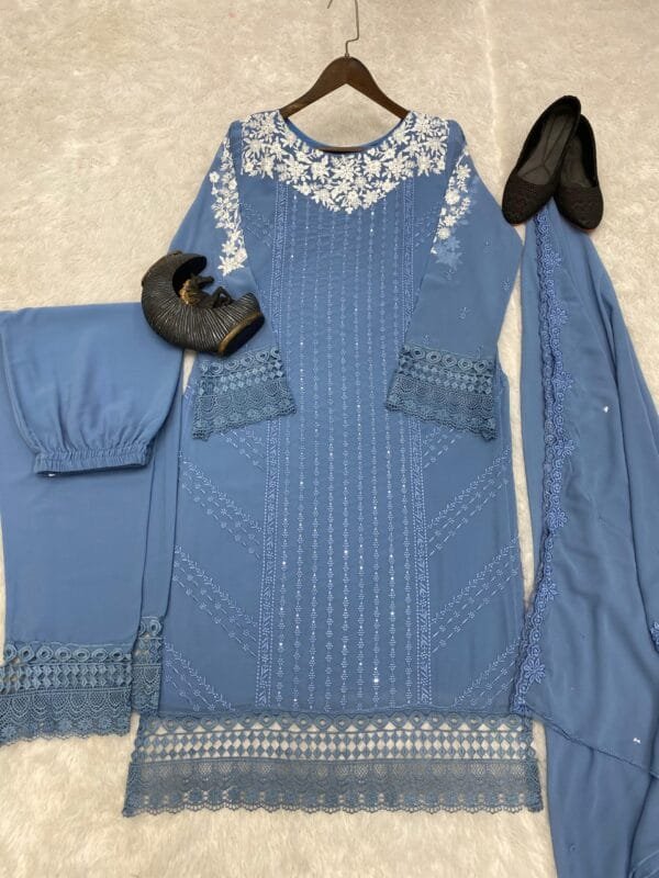 Georgette Embroidery Kurta Set with Glamorous Dupatta & Sequin Work | Light Blue - Image 2