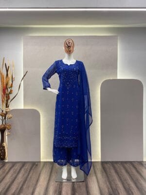 Faux Georgette Top with Cotton Thread Embroidery and Real Diamond Work, Paired with Flared Palazzo and Dupatta Ensemble | Blue
