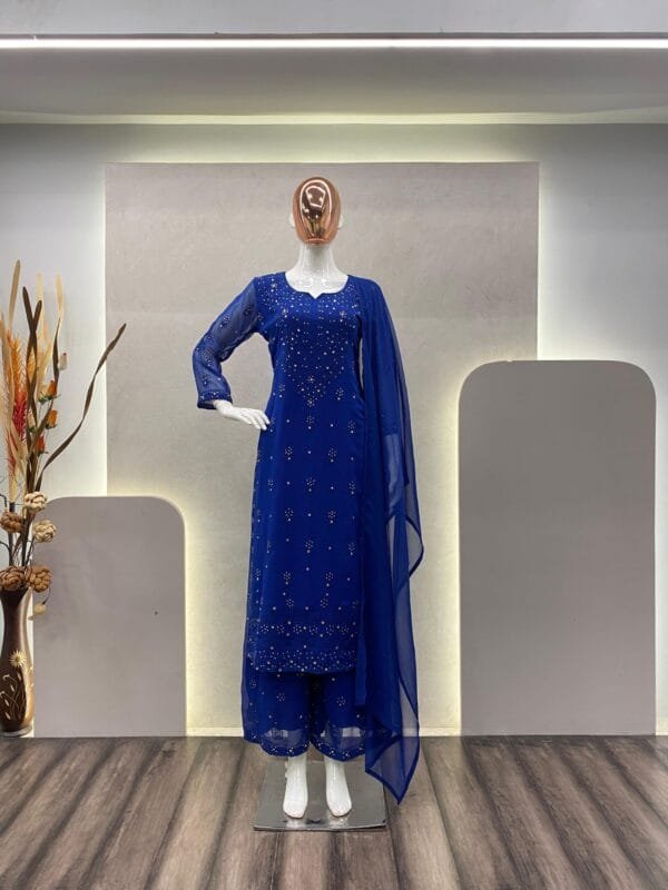 Faux Georgette Top with Cotton Thread Embroidery and Real Diamond Work, Paired with Flared Palazzo and Dupatta Ensemble | Blue