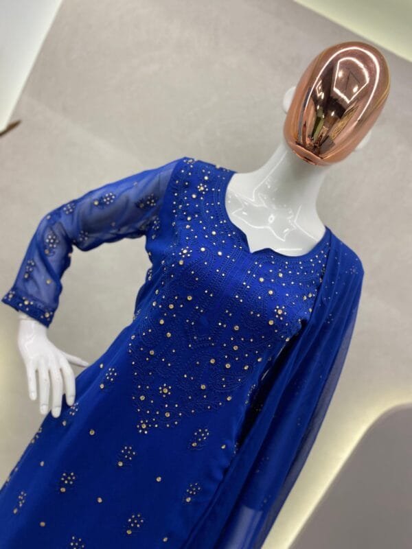 Faux Georgette Top with Cotton Thread Embroidery and Real Diamond Work, Paired with Flared Palazzo and Dupatta Ensemble | Blue - Image 5