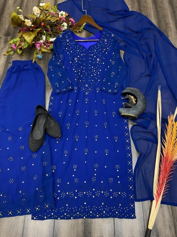 Faux Georgette Top with Cotton Thread Embroidery and Real Diamond Work, Paired with Flared Palazzo and Dupatta Ensemble | Blue - Image 7