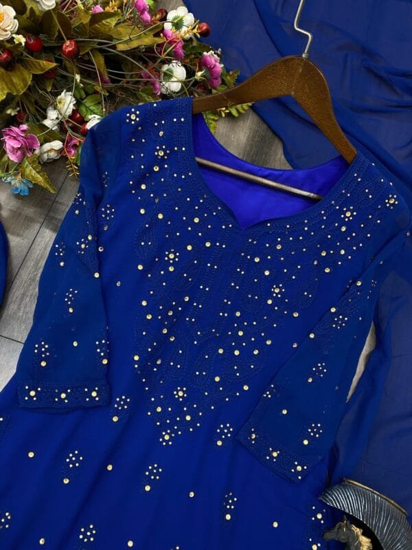 Faux Georgette Top with Cotton Thread Embroidery and Real Diamond Work, Paired with Flared Palazzo and Dupatta Ensemble | Blue - Image 8