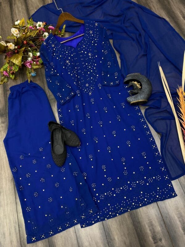 Faux Georgette Top with Cotton Thread Embroidery and Real Diamond Work, Paired with Flared Palazzo and Dupatta Ensemble | Blue - Image 6