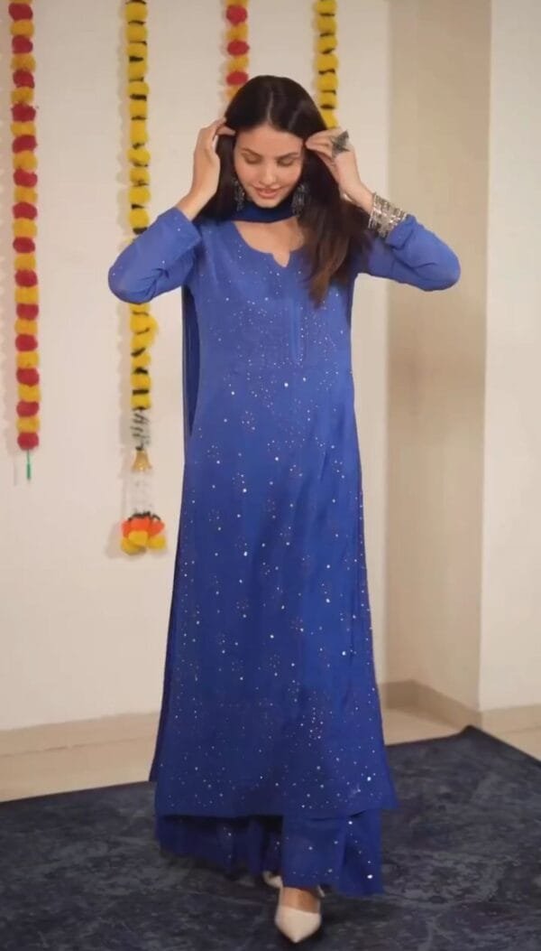 Faux Georgette Top with Cotton Thread Embroidery and Real Diamond Work, Paired with Flared Palazzo and Dupatta Ensemble | Blue - Image 2