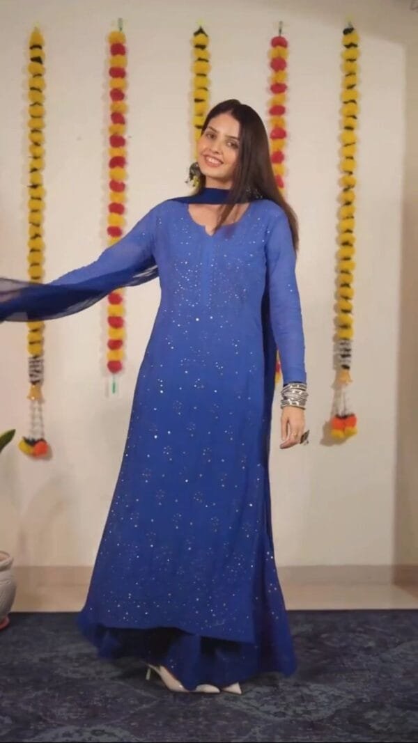 Faux Georgette Top with Cotton Thread Embroidery and Real Diamond Work, Paired with Flared Palazzo and Dupatta Ensemble | Blue - Image 3