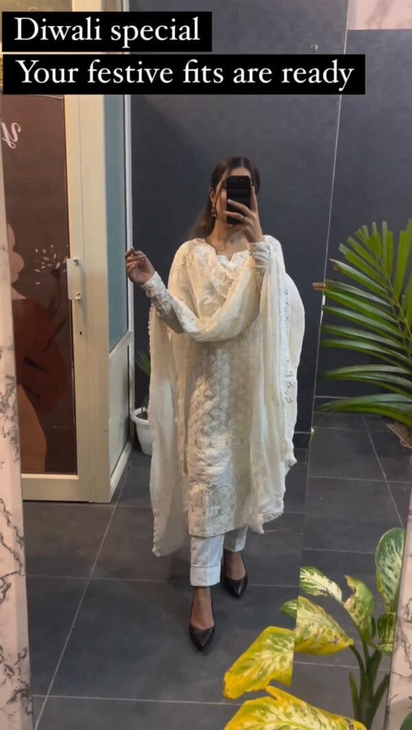 Georgette Ensemble with Sequin Embroidery and Dupatta Drama | White - Image 2