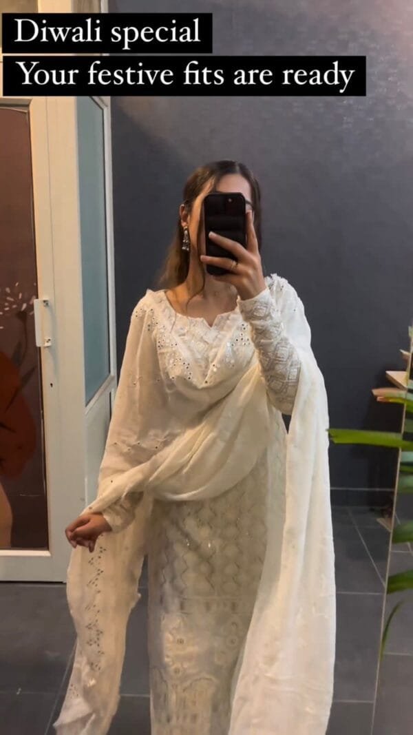Georgette Ensemble with Sequin Embroidery and Dupatta Drama | White - Image 3