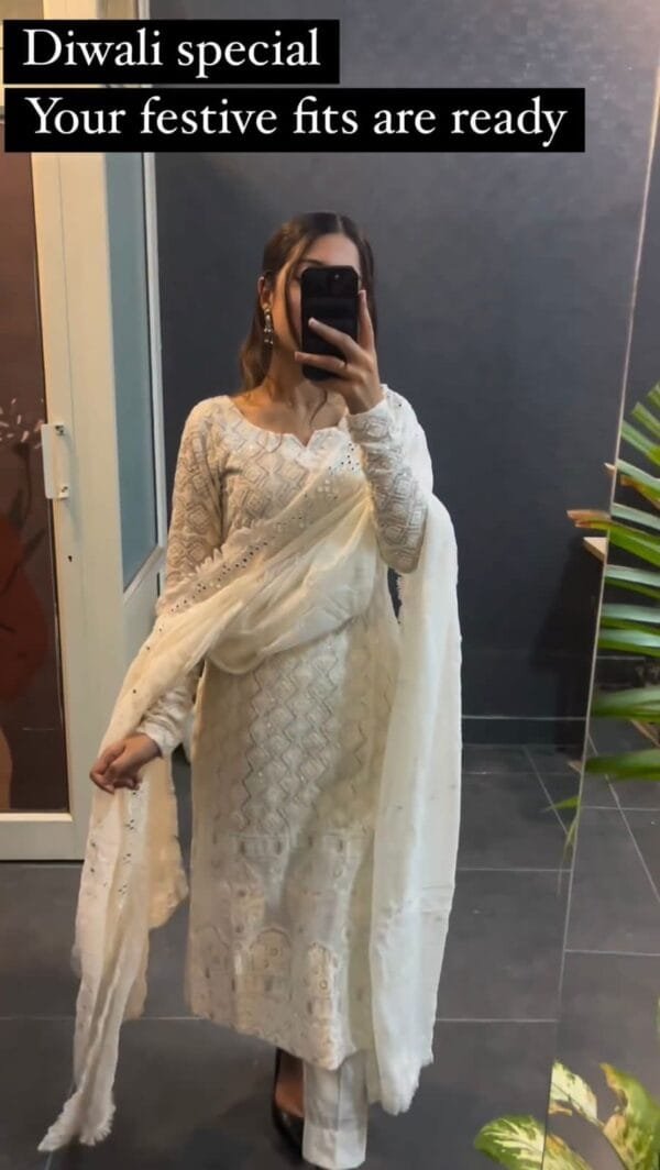 Georgette Ensemble with Sequin Embroidery and Dupatta Drama | White - Image 4