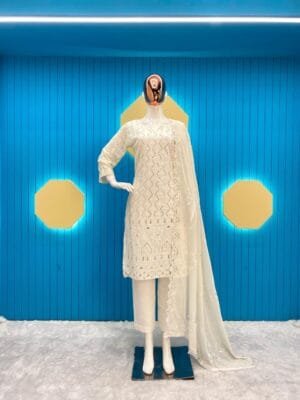 Georgette Ensemble with Sequin Embroidery and Dupatta Drama | White