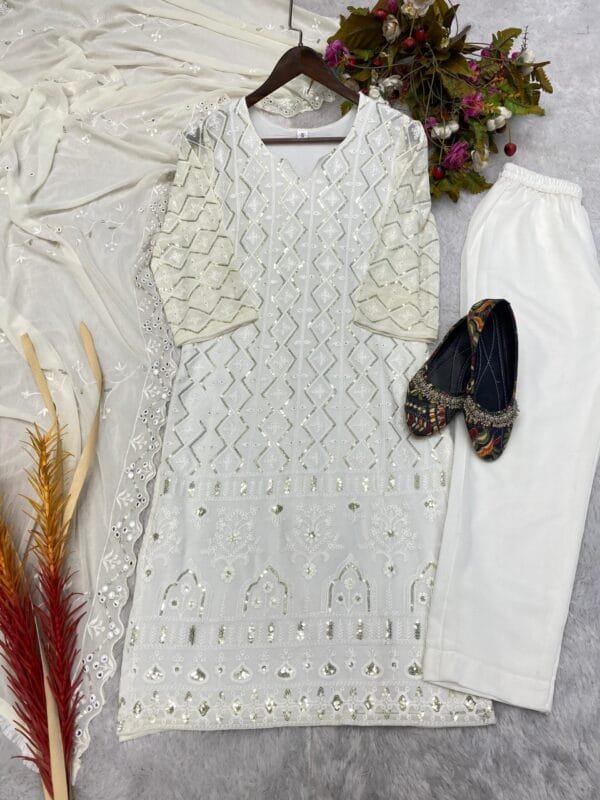 Georgette Ensemble with Sequin Embroidery and Dupatta Drama | White - Image 6