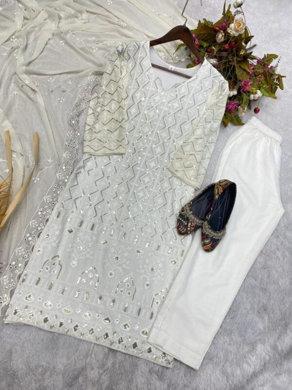 Georgette Ensemble with Sequin Embroidery and Dupatta Drama | White - Image 7