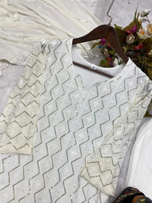 Georgette Ensemble with Sequin Embroidery and Dupatta Drama | White - Image 8