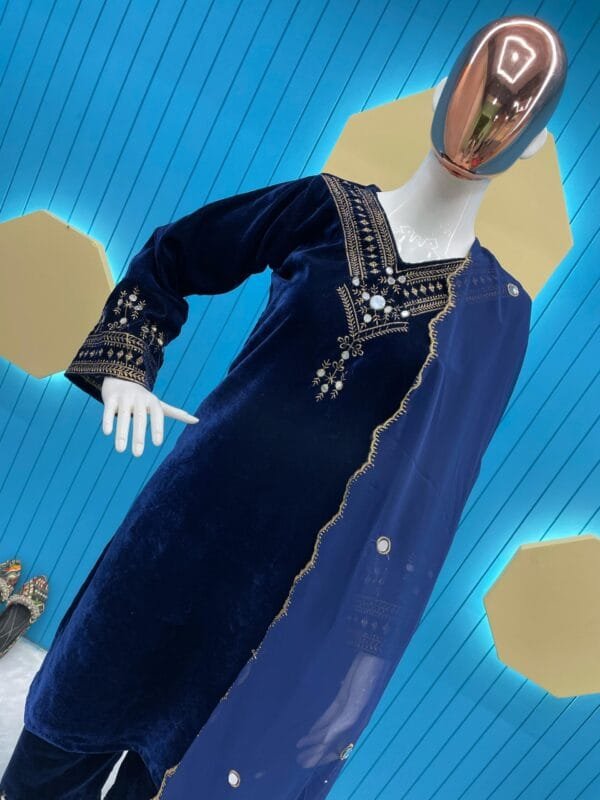 Velvet Kurta Set with Sequin Embroidery and Real Mirror Magic | Blue - Image 2