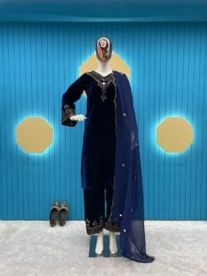 Velvet Kurta Set with Sequin Embroidery and Real Mirror Magic | Blue