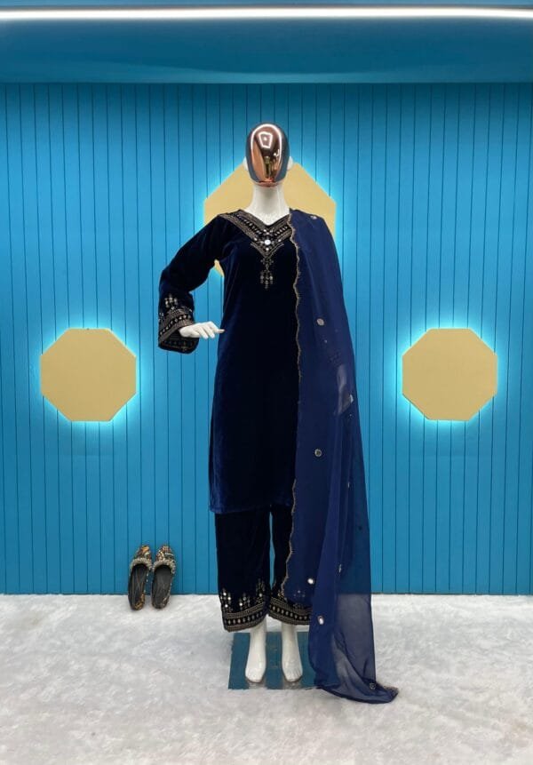Velvet Kurta Set with Sequin Embroidery and Real Mirror Magic | Blue