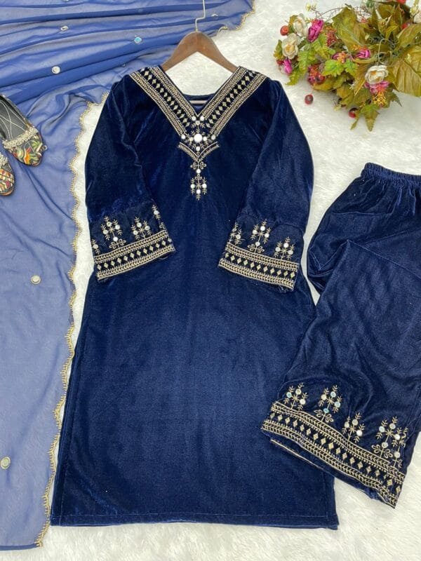 Velvet Kurta Set with Sequin Embroidery and Real Mirror Magic | Blue - Image 3