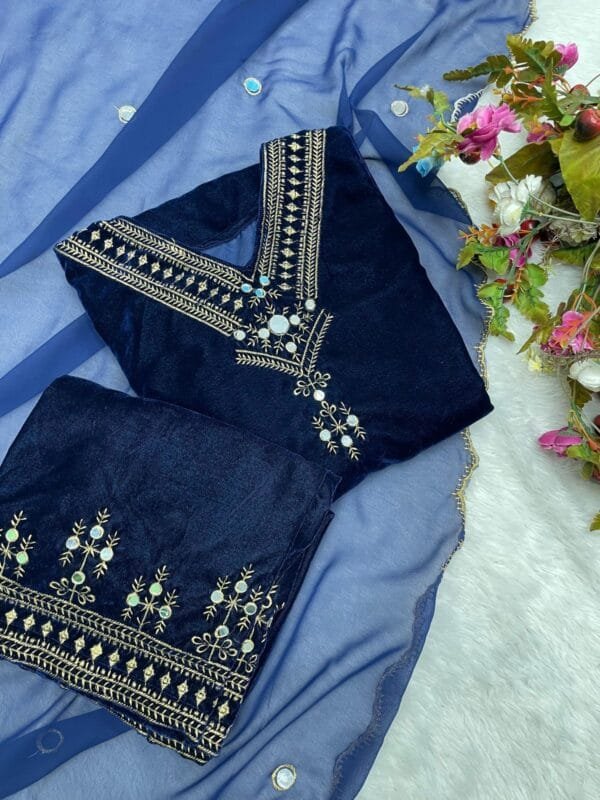 Velvet Kurta Set with Sequin Embroidery and Real Mirror Magic | Blue - Image 4