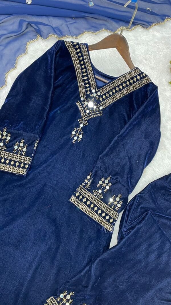 Velvet Kurta Set with Sequin Embroidery and Real Mirror Magic | Blue - Image 5