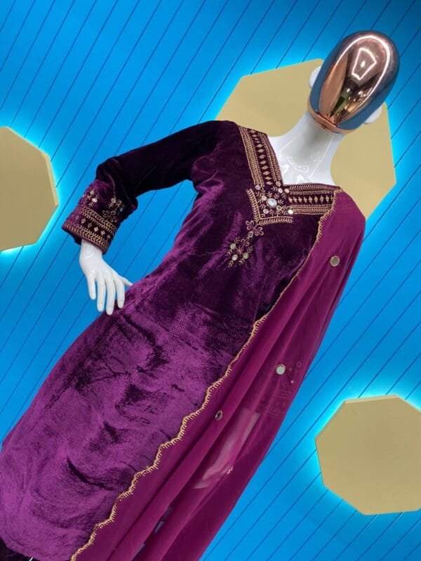 Velvet Kurta Set with Sequin Embroidery and Real Mirror Magic | Pink - Image 2