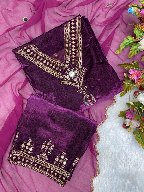 Velvet Kurta Set with Sequin Embroidery and Real Mirror Magic | Pink - Image 4