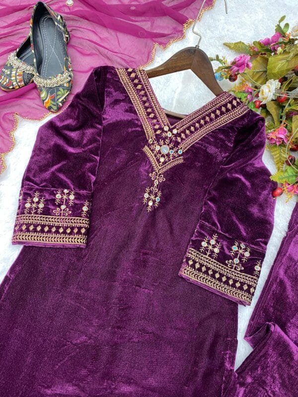 Velvet Kurta Set with Sequin Embroidery and Real Mirror Magic | Pink - Image 5