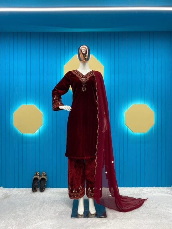 Velvet Kurta Set with Sequin Embroidery and Real Mirror Magic | Red