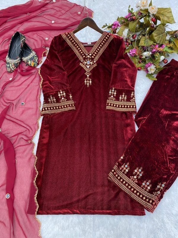 Velvet Kurta Set with Sequin Embroidery and Real Mirror Magic | Red - Image 3