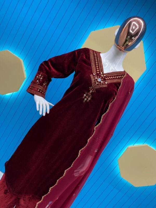 Velvet Kurta Set with Sequin Embroidery and Real Mirror Magic | Red - Image 2