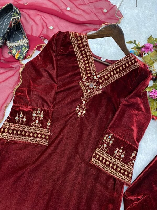 Velvet Kurta Set with Sequin Embroidery and Real Mirror Magic | Red - Image 4