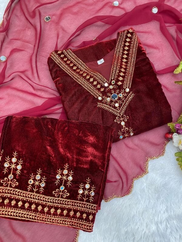 Velvet Kurta Set with Sequin Embroidery and Real Mirror Magic | Red - Image 5