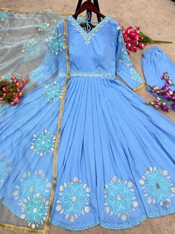 Heavy Embroidery Gown Ensemble with Micro Cotton Bliss | Blue - Image 5