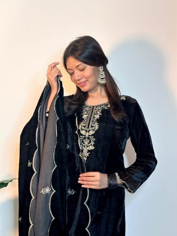 Velvet Elegance Unleashed: Luxurious Thread Work Ensemble - Image 3