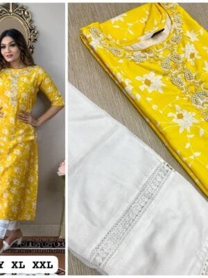 Radiant Rayon Bliss: Printed Elegance with Embroidery and Pearls | Yellow/Blue/Black/Pink