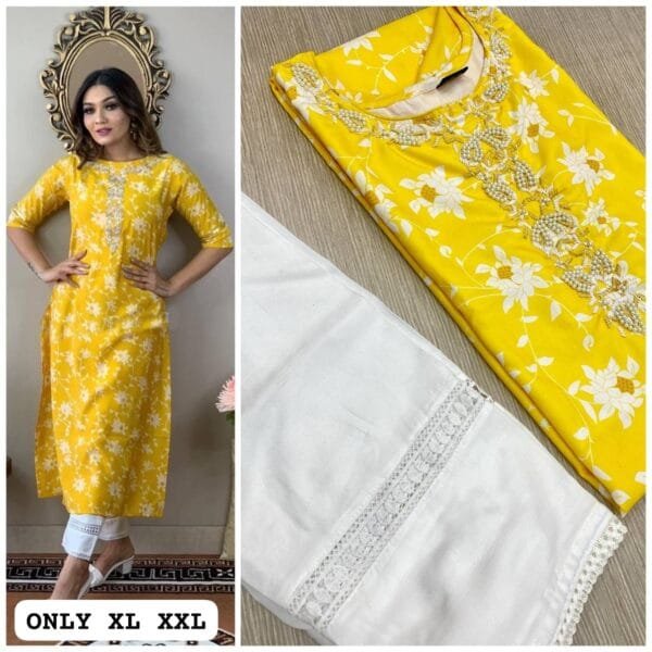 Radiant Rayon Bliss: Printed Elegance with Embroidery and Pearls | Yellow/Blue/Black/Pink