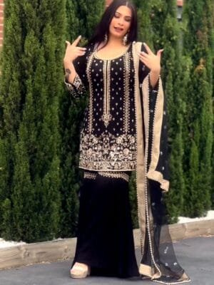 New Designer Sharara Ensemble with Exquisite Embroidery and Moti Lace Border Black